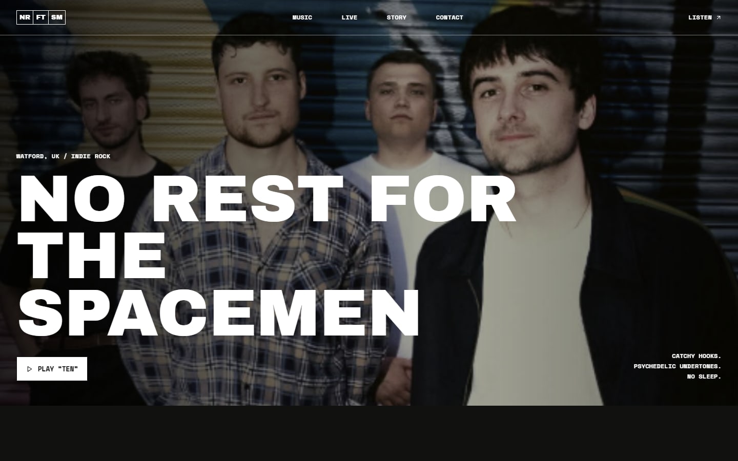 The No Rest For The Spacemen homepage: the band name in large type over a photo of the four members.