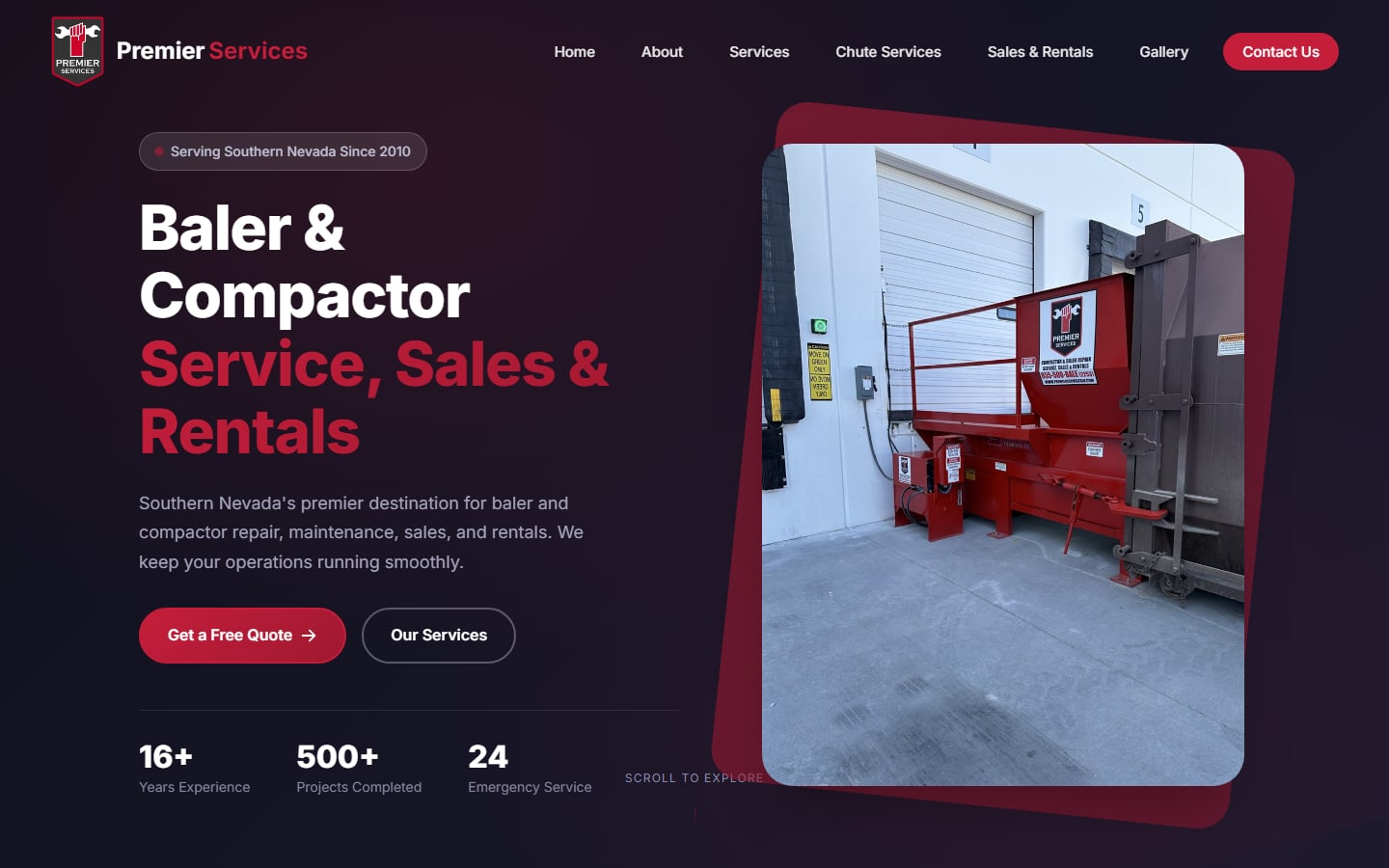 The Premier Services homepage, headlined “Baler & Compactor Service, Sales & Rentals”.